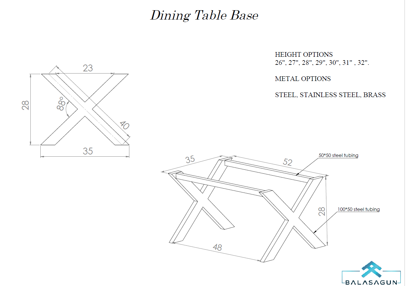 28" H x 35" W x 52" L X-Frame Wide Table Base Stainless Steel , Height 26" - 32"