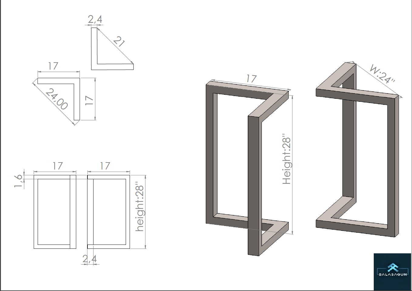 28" H X 24" W Bracket Stainless Steel Table Legs