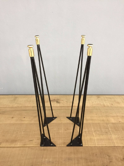 Hairpin Table Legs with Brass Tips , 28"  3-PIN-Gold Table Legs  Set(4)