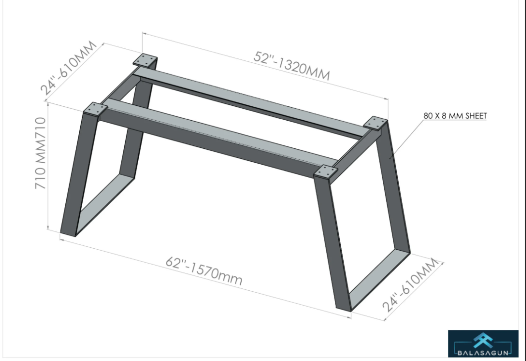 28" X 24"x 52"Lenght  Angled Flat Brass Table Base