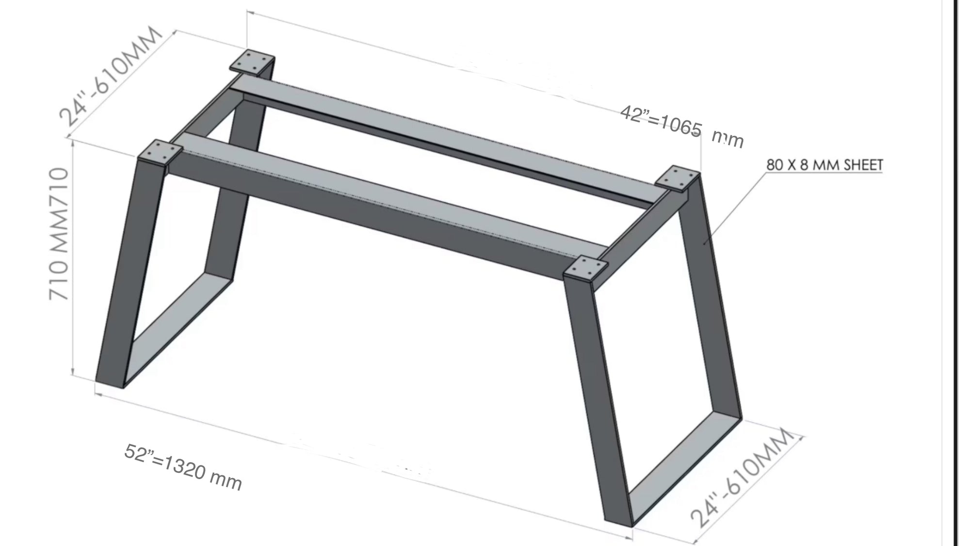 28" H X 24" W Apart 42" Angled Flat Steel Table Base, Height 26" 32" Set(2)