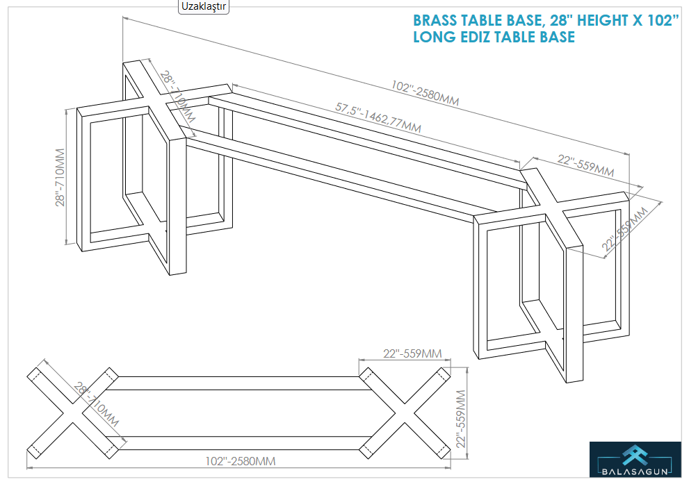 Brass Table Base, 28" Height x 102” Long EDIZ Table Base