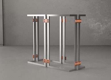 Handcrafted stainless steel console table base with copper accents. 