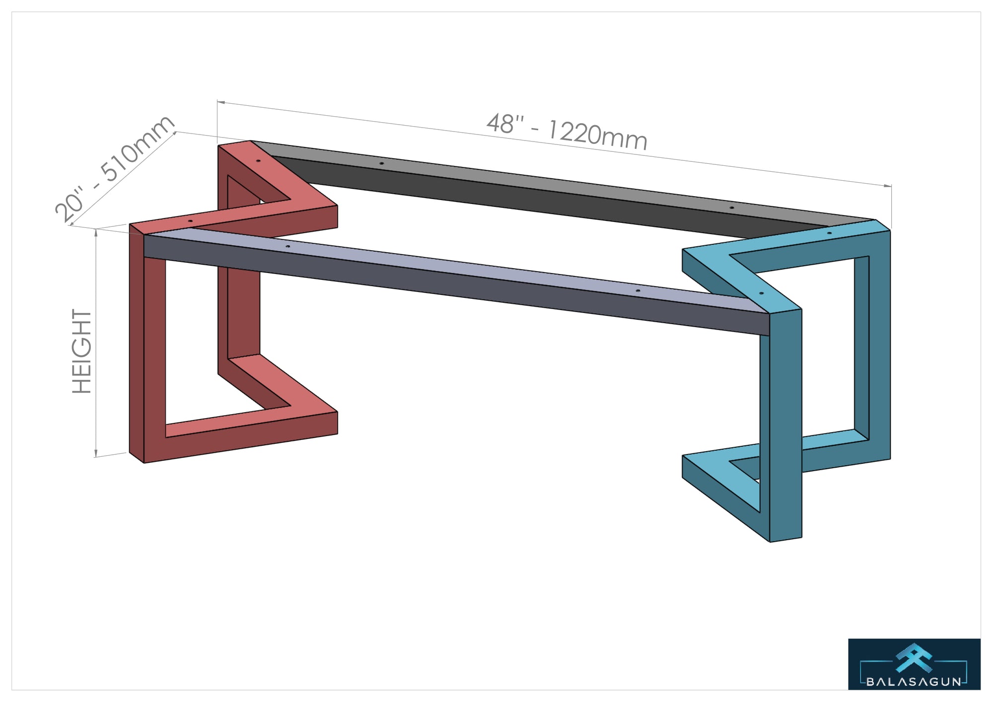 Coffee Table Base , 16 " H x 20” W x 48” L Bracket  , Height 14''-20''