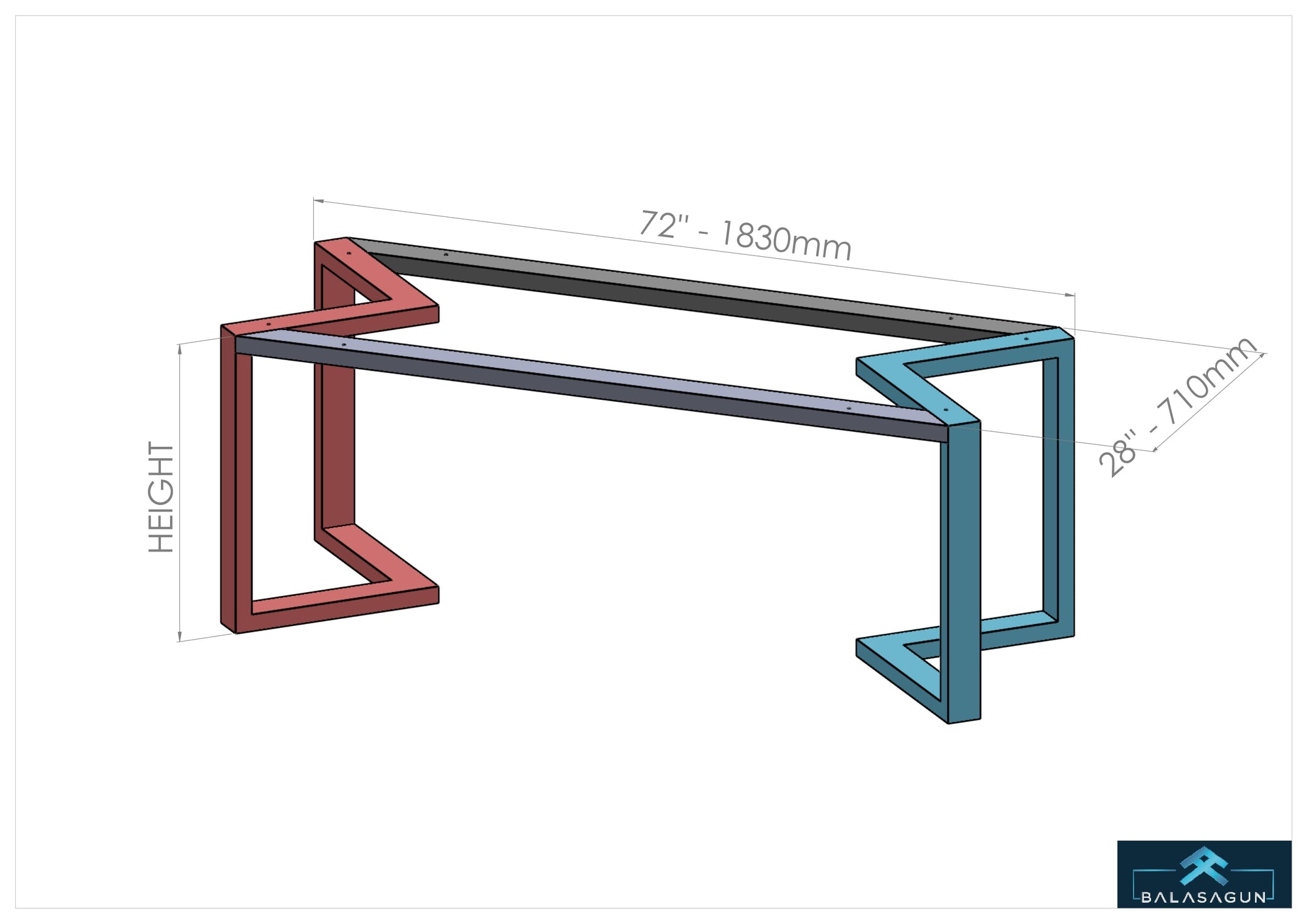 28" H x 28” W x 72” L  Bracket Table Base, Height 26" - 32"