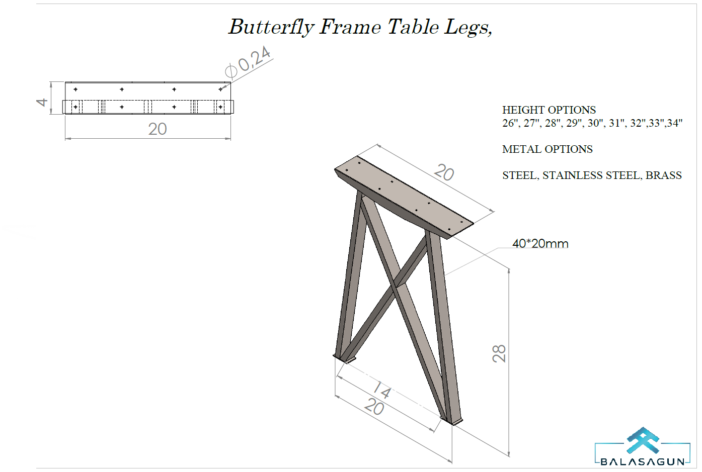40"  Butterfly Frame Table Legs,  Height 33" To 40"  Set(2)